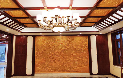 黄石中式别墅客厅中式木作横梁吊顶装饰展示